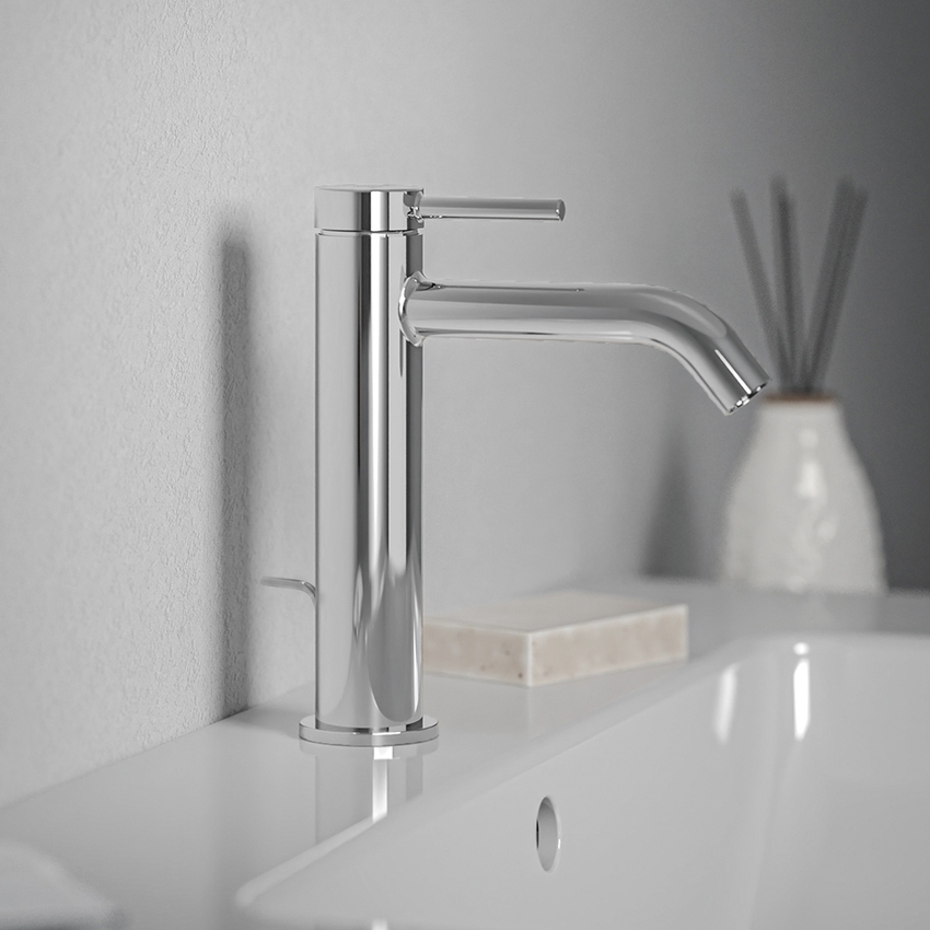 Immagine di Ideal Standard CERALINE miscelatore monocomando H.19 cm per lavabo, con asta di comando e scarico piletta da 1-1/4", con sistema BlueStart, finitura cromo BD761AA