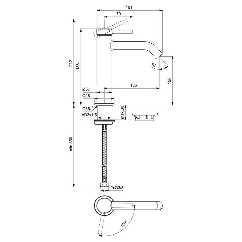 Immagine di Ideal Standard CERALINE miscelatore monocomando H.19 cm per lavabo, senza asta di comando e scarico piletta, con sistema BlueStart, colore nero finitura opaco BD760XG
