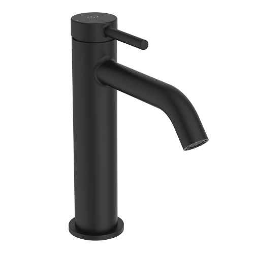 Immagine di Ideal Standard CERALINE miscelatore monocomando H.19 cm per lavabo, senza asta di comando e scarico piletta, con sistema BlueStart, colore nero finitura opaco BD760XG