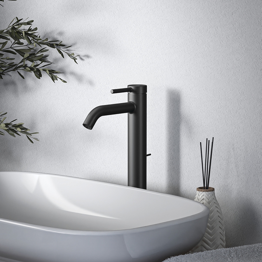 Immagine di Ideal Standard CERALINE miscelatore monocomando H.31 cm per lavabo, con asta di comando e scarico piletta da 1-1/4", con sistema BlueStart, colore nero finitura opaco BD763XG