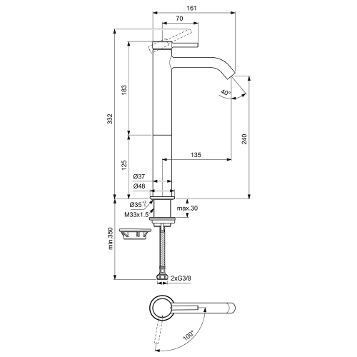 Immagine di Ideal Standard CERALINE miscelatore monocomando H.31 cm per lavabo, senza asta di comando e scarico piletta, con sistema BlueStart, colore nero finitura opaco BD762XG