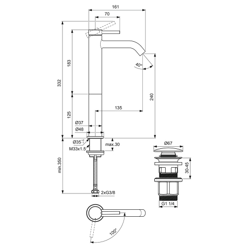 Immagine di Ideal Standard CERALINE miscelatore monocomando H.31 cm per lavabo, con piletta Click-Clack, con sistema BlueStart, finitura cromo BD960AA