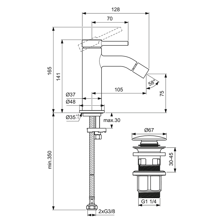 Immagine di Ideal Standard CERALINE miscelatore monocomando H.14 cm per bidet, con piletta Click-Clack, colore nero finitura opaco BD849XG