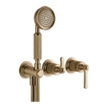 Immagine di Gessi VENTI20 miscelatore doccia a parete, 2 vie, con deviatore, presa acqua, supporto doccetta e doccetta, senza corpo incasso, finitura warm bronze brushed PVD 65036#726