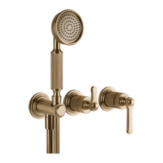 Immagine di Gessi VENTI20 miscelatore doccia a parete, 2 vie, con deviatore, presa acqua, supporto doccetta e doccetta, senza corpo incasso, finitura warm bronze brushed PVD 65036#726