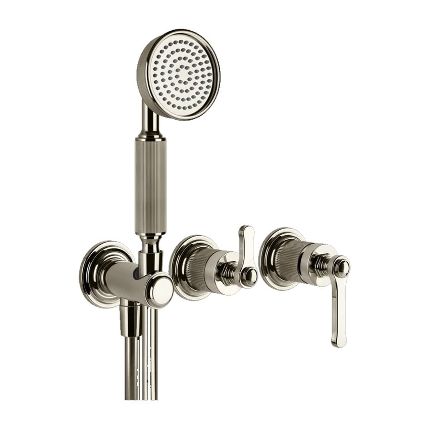 Immagine di Gessi VENTI20 miscelatore doccia a parete, 2 vie, con deviatore, presa acqua, supporto doccetta e doccetta, senza corpo incasso, finitura nickel PVD 65036#720