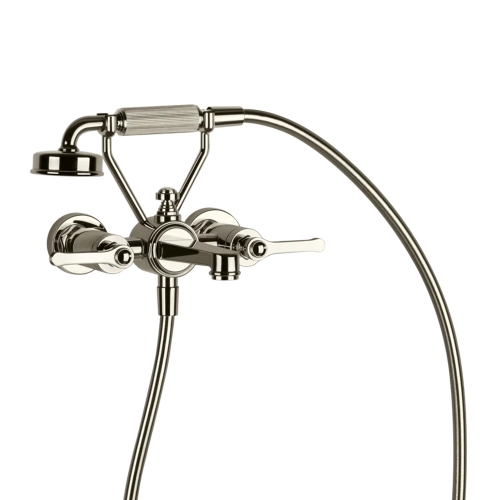 Immagine di Gessi VENTI20 gruppo vasca a parete con deviatore bagno/doccia, flessibile 150 cm e doccetta anticalcare con supporto fisso, finitura nickel PVD 65113#720