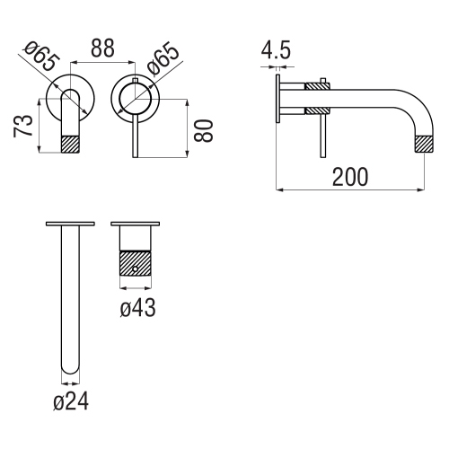 Immagine di Nobili RESPIRO miscelatore monocomando a parete P.20 cm per lavabo, senza scarico e senza corpo incasso, finitura inox spazzolato RS131199/1IX