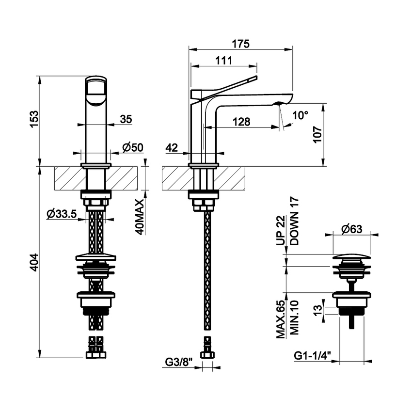 Immagine di Gessi VIA MERAVIGLI miscelatore monocomando H.15 cm per lavabo, con scarico Stop&Go e flessibili, finitura cromo 56051#031