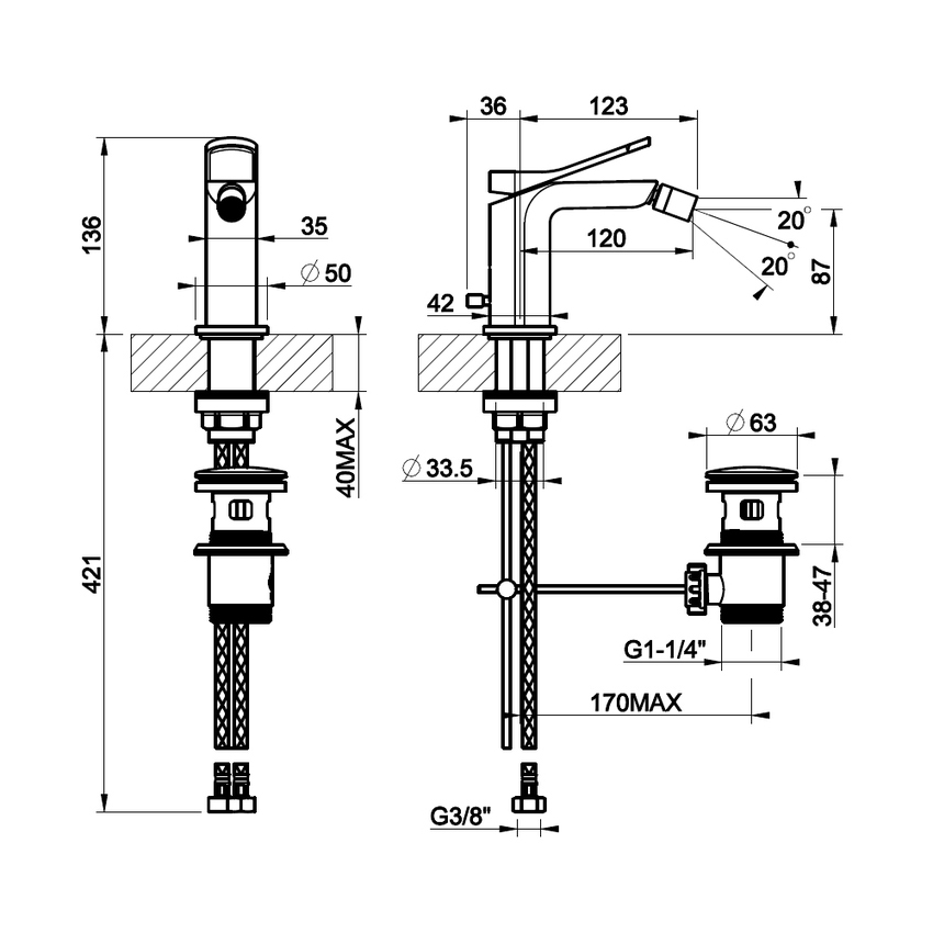 Immagine di Gessi VIA MERAVIGLI miscelatore per bidet, con scarico e flessibili, finitura cromo 56007#031