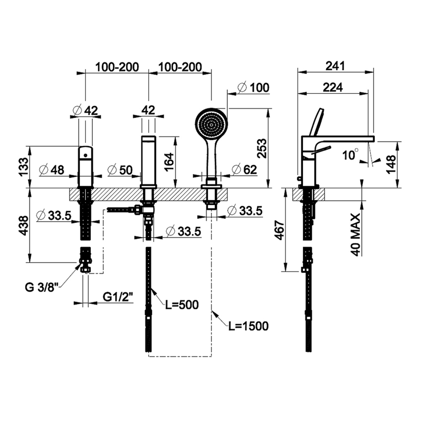 Immagine di Gessi VIA MERAVIGLI gruppo bordo vasca a tre fori, con bocca vasca e doccetta, colore nero finitura opaco 56037#299