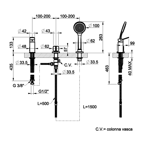 Immagine di Gessi VIA MERAVIGLI gruppo bordo vasca a tre fori, con doccetta e deviatore, colore nero finitura opaco 56043#299