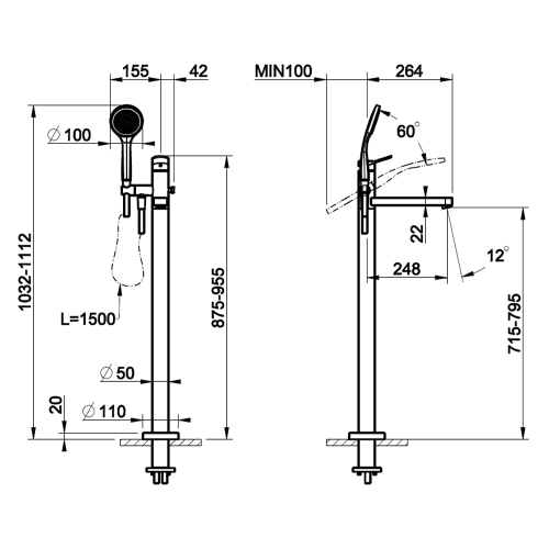 Immagine di Gessi VIA MERAVIGLI miscelatore freestanding per vasca, senza corpo incasso, con doccetta e deviatore automatico, colore nero finitura opaco 56028#299