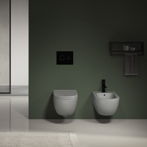 Immagine di Cielo ENJOY set completo sanitari sospesi vaso rimless, sedile a discesa rallentata, bidet monoforo con troppopieno, colore brina finitura opaco EJVSKBR+CPVEJNEWFBR+EJBSBR