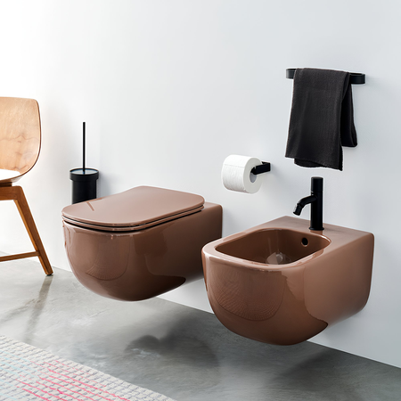 Immagine di Cielo ERA set completo sanitari sospesi vaso rimless, sedile a discesa rallentata, bidet monoforo con troppopieno, colore corallo finitura lucido ERVSKCO+CPVERTFCO+ERBSCO