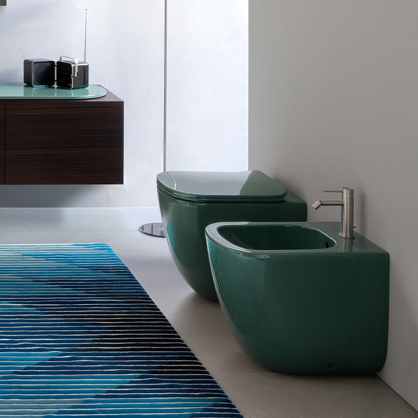 Immagine di Cielo ERA set completo sanitari a pavimento vaso rimless, sedile a discesa rallentata, bidet monoforo con troppopieno, colore alga finitura lucido ERVAKAL+CPVERTFAL+ERBIAL