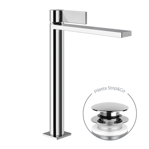Immagine di Gessi INVERSO RIGATO miscelatore lavabo alto H.32 cm, con piletta Stop&Go e flessibili, finitura cromo 73553#031