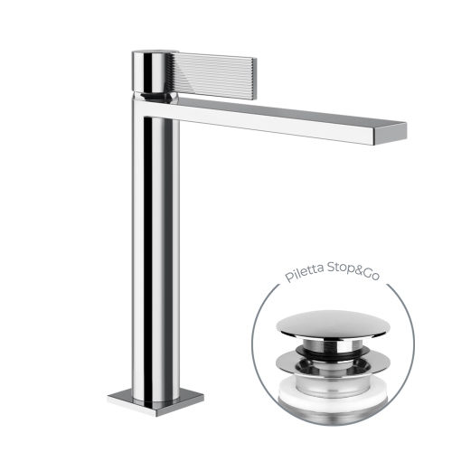 Immagine di Gessi INVERSO RIGATO miscelatore lavabo medio H.25 cm, con piletta Stop&Go e flessibili, finitura cromo 73555#031