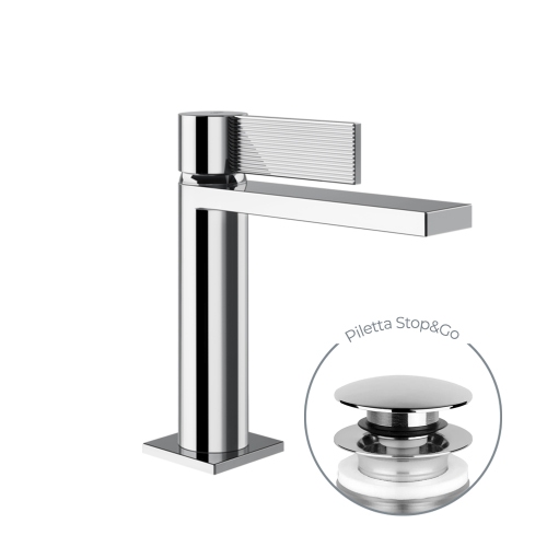 Immagine di Gessi INVERSO RIGATO miscelatore lavabo H.18 cm, con piletta Stop&Go e flessibili, finitura cromo 73551#031