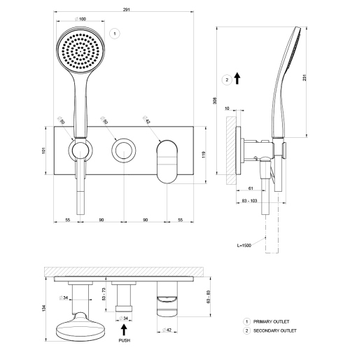 Immagine di Gessi VIA MERAVIGLI miscelatore doccia a parete, a 2 vie, con doccetta, senza corpo incasso, prima uscita doccetta, finitura cromo 56040#031