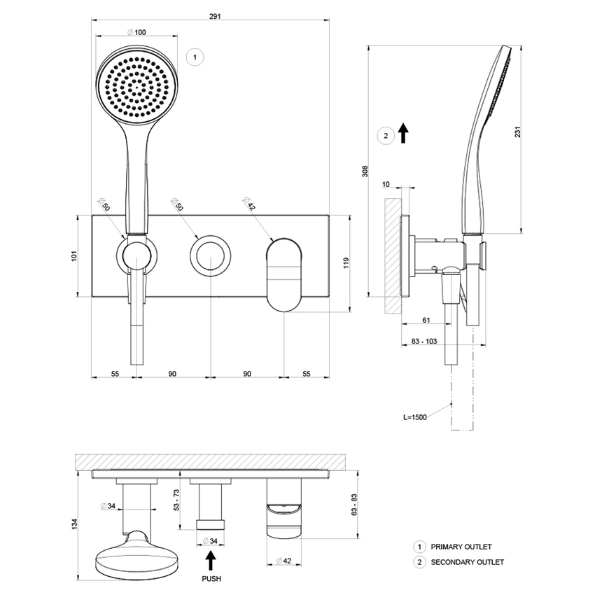 Immagine di Gessi VIA MERAVIGLI miscelatore doccia a parete, a 2 vie, con doccetta, senza corpo incasso, prima uscita doccetta, finitura cromo 56040#031