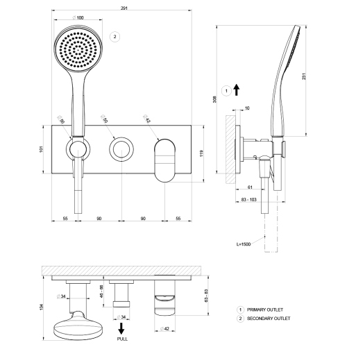 Immagine di Gessi VIA MERAVIGLI miscelatore doccia a parete, 2 vie, con doccetta, senza corpo incasso, prima uscita soffione, finitura cromo 56041#031