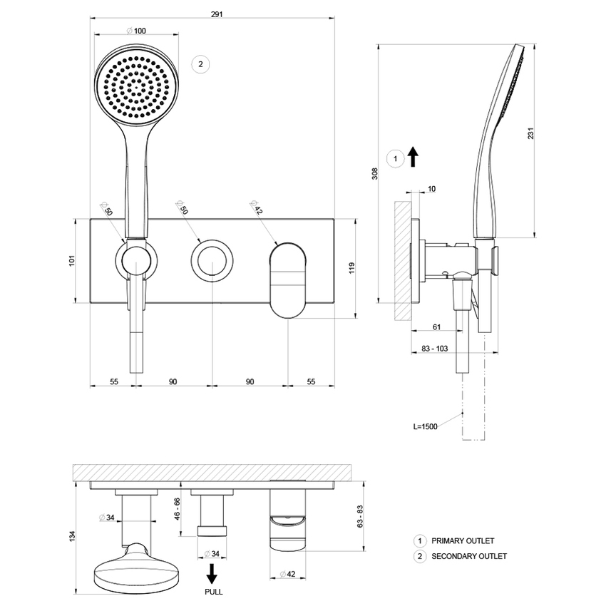 Immagine di Gessi VIA MERAVIGLI miscelatore doccia a parete, 2 vie, con doccetta, senza corpo incasso, prima uscita soffione, finitura cromo 56041#031