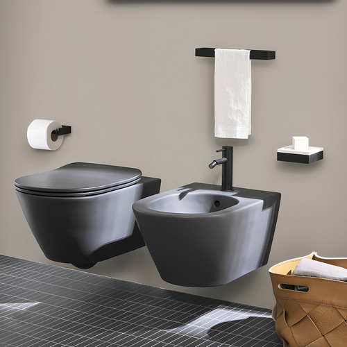 Immagine di Cielo MARE set completo sanitari sospesi vaso rimless, sedile a discesa rallentata, bidet monoforo con troppopieno, colore basalto finitura opaco MRVSKBA+CPVMRTFBA+MRBSBA