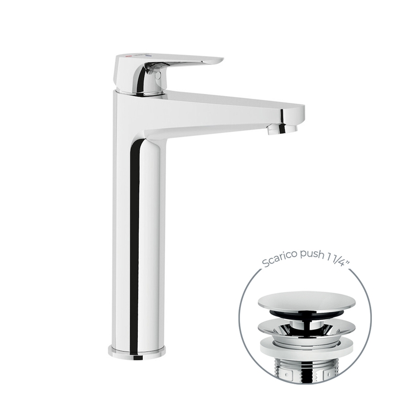 Immagine di Nobili NOBI miscelatore monocomando per bacinella H.26 cm, a risparmio idrico ed energetico, con scarico push, finitura cromo NBH84128/2CR