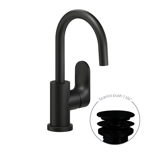 Immagine di Nobili YOYO miscelatore monocomando lavabo H.27 P.13.5 cm, con scarico push 1 1/4” e limitatore di portata, colore mora finitura opaco YO126338/2BM