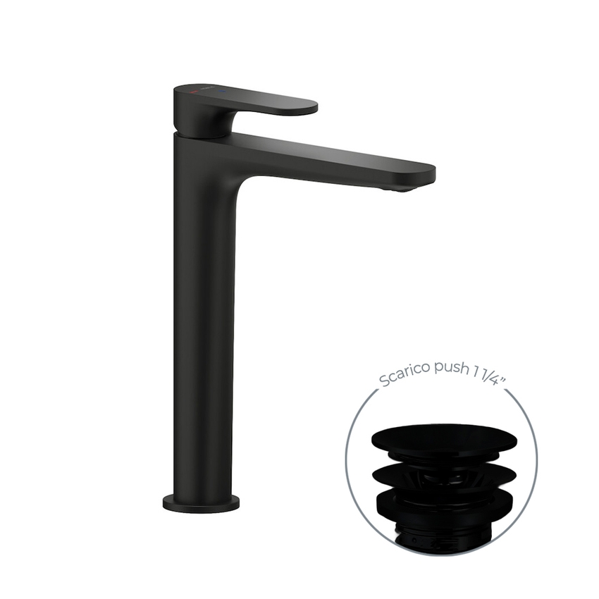 Immagine di Nobili YOYO miscelatore monocomando lavabo H.27.5 P.17.1 cm, a risparmio energetico, con scarico push e limitatore di portata e di energia, finitura velvet black YOE126128/2BM