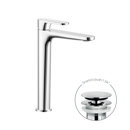 Immagine di Nobili YOYO miscelatore monocomando lavabo H.27.5 P.17.1 cm, a risparmio energetico, con scarico push 1 1/4” e limitatore di portata e di energia, finitura cromo YOE126128/2CR