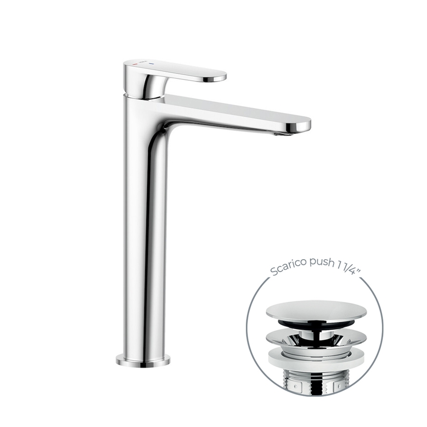 Immagine di Nobili YOYO miscelatore monocomando lavabo H.27.5 P.17.1 cm, a risparmio energetico, con scarico push e limitatore di portata e di energia, finitura cromo YOE126128/2CR