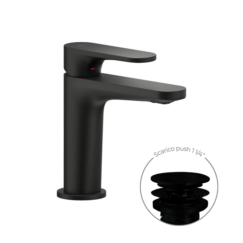 Immagine di Nobili YOYO miscelatore monocomando lavabo H.15.5 P.11.1 cm, a risparmio energetico, con scarico push e limitatore di portata, finitura velvet black YO126118/2BM