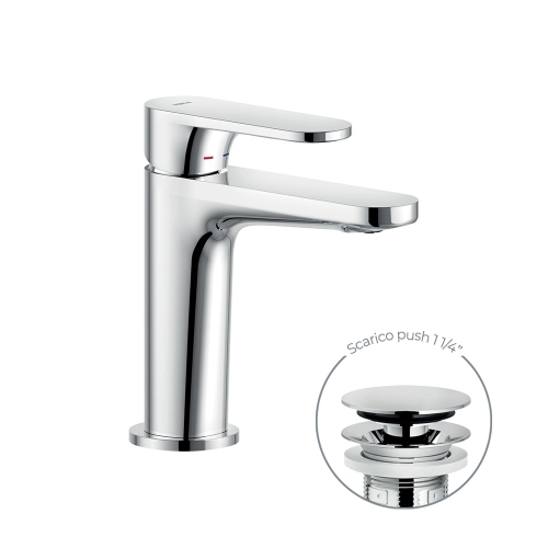 Immagine di Nobili YOYO miscelatore monocomando lavabo H.15.5 P.11.1 cm, a risparmio energetico, con scarico push 1 1/4” e limitatore di portata, finitura cromo YO126118/2CR