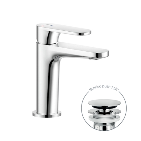 Immagine di Nobili YOYO miscelatore monocomando lavabo H.15.5 P.11.1 cm, a risparmio energetico, con scarico push 1 1/4”, finitura cromo YOE126118/2CR