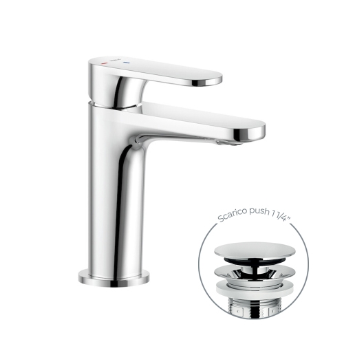 Immagine di Nobili YOYO miscelatore monocomando lavabo H.15.5 P.11.1 cm, a risparmio energetico, con scarico push 1 1/4”, finitura cromo YOE126118/2CR