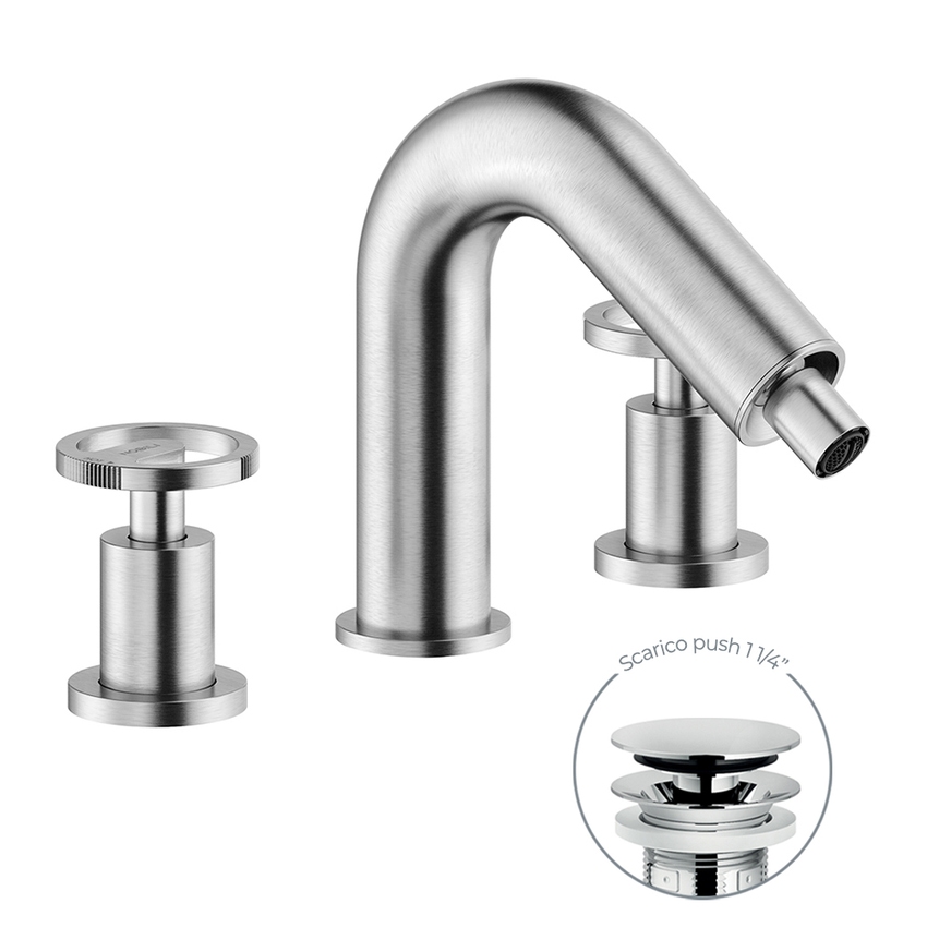 Immagine di Nobili SOLE batteria 3 fori per bidet, con scarico push, finitura inox spazzolato SO130215/2IX