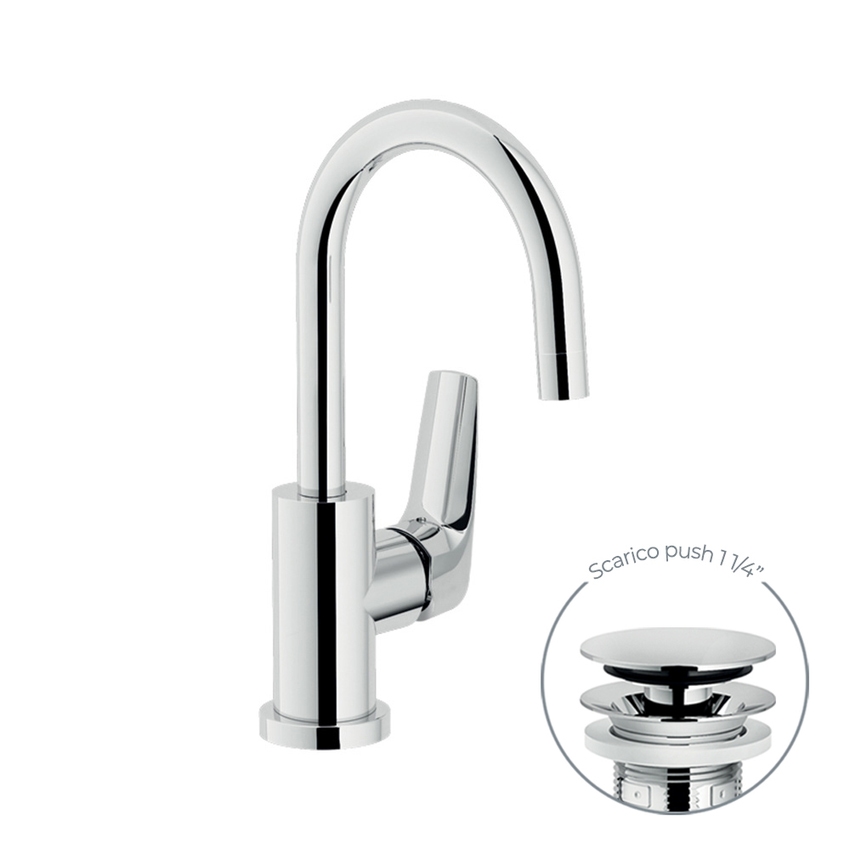 Immagine di Nobili NOBI miscelatore monocomando per lavello, con bocca girevole, con scarico push, finitura cromo NB84338/2CR