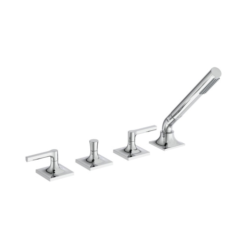 Immagine di Ideal Standard JOY NEO gruppo bordo vasca a 5 fori, con bocca di erogazione, due leve lineari, deviatore e doccetta, finitura cromo BD165AA