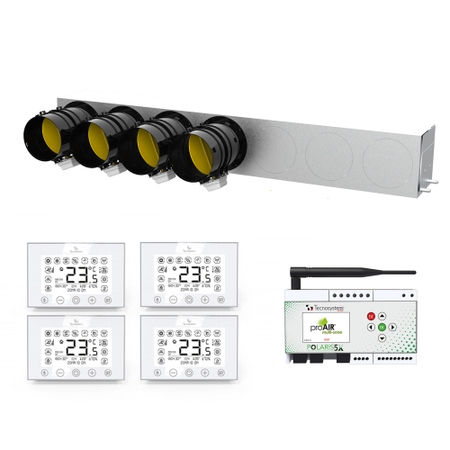 Immagine di Tecnosystemi PROAIR PACK RF AMBRA 4L kit per gestione multi-zona, con plenum in lamiera coibentata, 4 cronotermostati discovery 3X e centralina Polaris 5X, serranda Ø 15 cm GAD400383