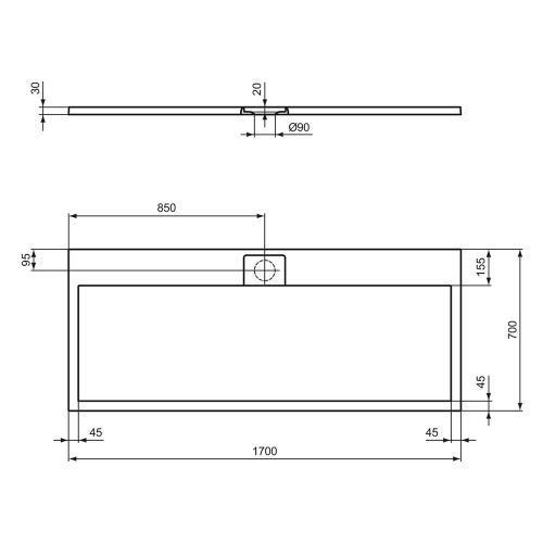 Immagine di Ideal Standard ULTRA FLAT S I.LIFE piatto doccia rettangolare L.170 P.70 cm, antiscivolo e con scarico nascosto sul lato lungo, in IdealSolid+, effetto pietra, colore bianco finitura opaco T5244FR