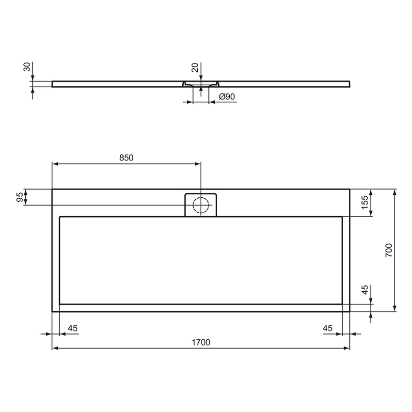 Immagine di Ideal Standard ULTRA FLAT S I.LIFE piatto doccia rettangolare L.170 P.70 cm, antiscivolo e con scarico nascosto sul lato lungo, in IdealSolid+, effetto pietra, colore bianco finitura opaco T5244FR