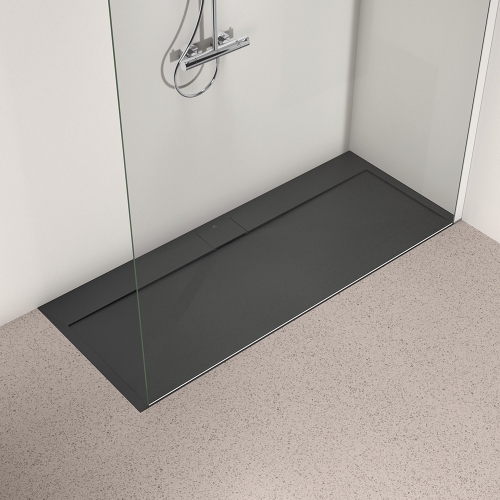 Immagine di Ideal Standard ULTRA FLAT S I.LIFE piatto doccia rettangolare L.170 P.70 cm, antiscivolo e con scarico nascosto sul lato lungo, in IdealSolid+, effetto pietra, colore nero finitura opaco T5244FV