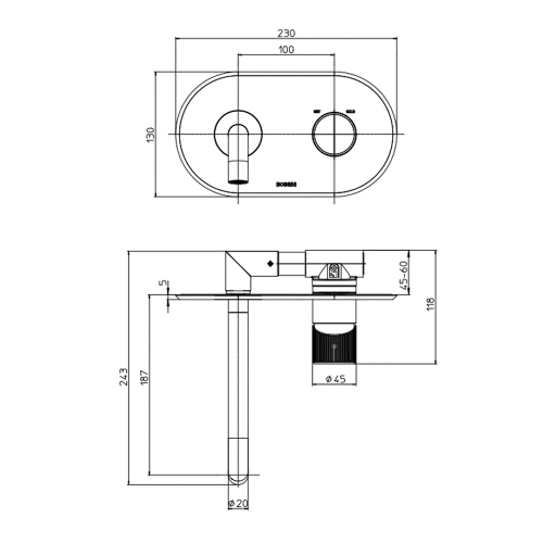Immagine di Bossini PLY miscelatore ad incasso P.19 cm per lavabo, senza scarico e corpo incasso, finitura cromo Z00920000030005