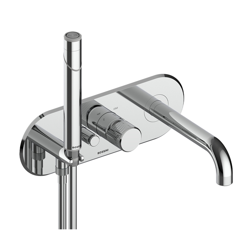 Immagine di Bossini PLY miscelatore monocomando ad incasso per vasca, con deviatore, doccetta, supporto doccetta, presa acqua e flessibile 150 cm, senza corpo incasso, finitura cromo Z00945000030005