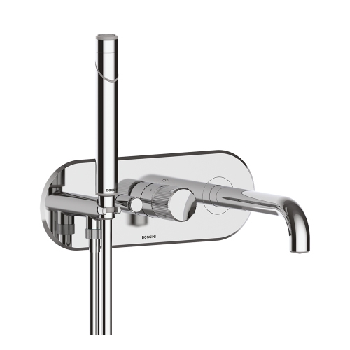 Immagine di Bossini PLY miscelatore monocomando ad incasso per vasca, con deviatore, doccetta, supporto doccetta, presa acqua e flessibile 150 cm, senza corpo incasso, finitura cromo Z00945000030005