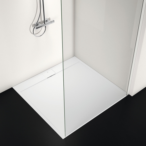 Immagine di Ideal Standard ULTRA FLAT S I.LIFE piatto doccia quadrato 120 cm, antiscivolo e con scarico nascosto, in IdealSolid+, effetto pietra, colore bianco finitura opaco T5242FR