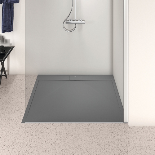 Immagine di Ideal Standard ULTRA FLAT S I.LIFE piatto doccia quadrato 100 cm, antiscivolo e con scarico nascosto, in IdealSolid+, effetto pietra, colore grigio cemento finitura opaco T5234FS