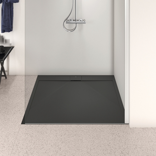 Immagine di Ideal Standard ULTRA FLAT S I.LIFE piatto doccia quadrato 90 cm, antiscivolo e con scarico nascosto, in IdealSolid+, effetto pietra, colore nero finitura opaco T5227FV